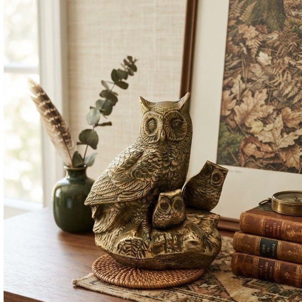 Vintage Brass Owl Family Figurine Teddy Bear Inc Korea 7 Inch Bird Sculpture